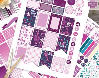 Floral Printable Planner Stickers ,purple and pink HAPPY PLANNER, Monthly/Weekly Kit,Printable Sampler, Happy planner kit,Instant download