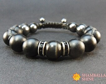 Mens bracelet Black gemstone Black cat eye Shungite bracelet Shamballa bracelet Macrame bracelet Gift for man Shungite beads Raven bracelet