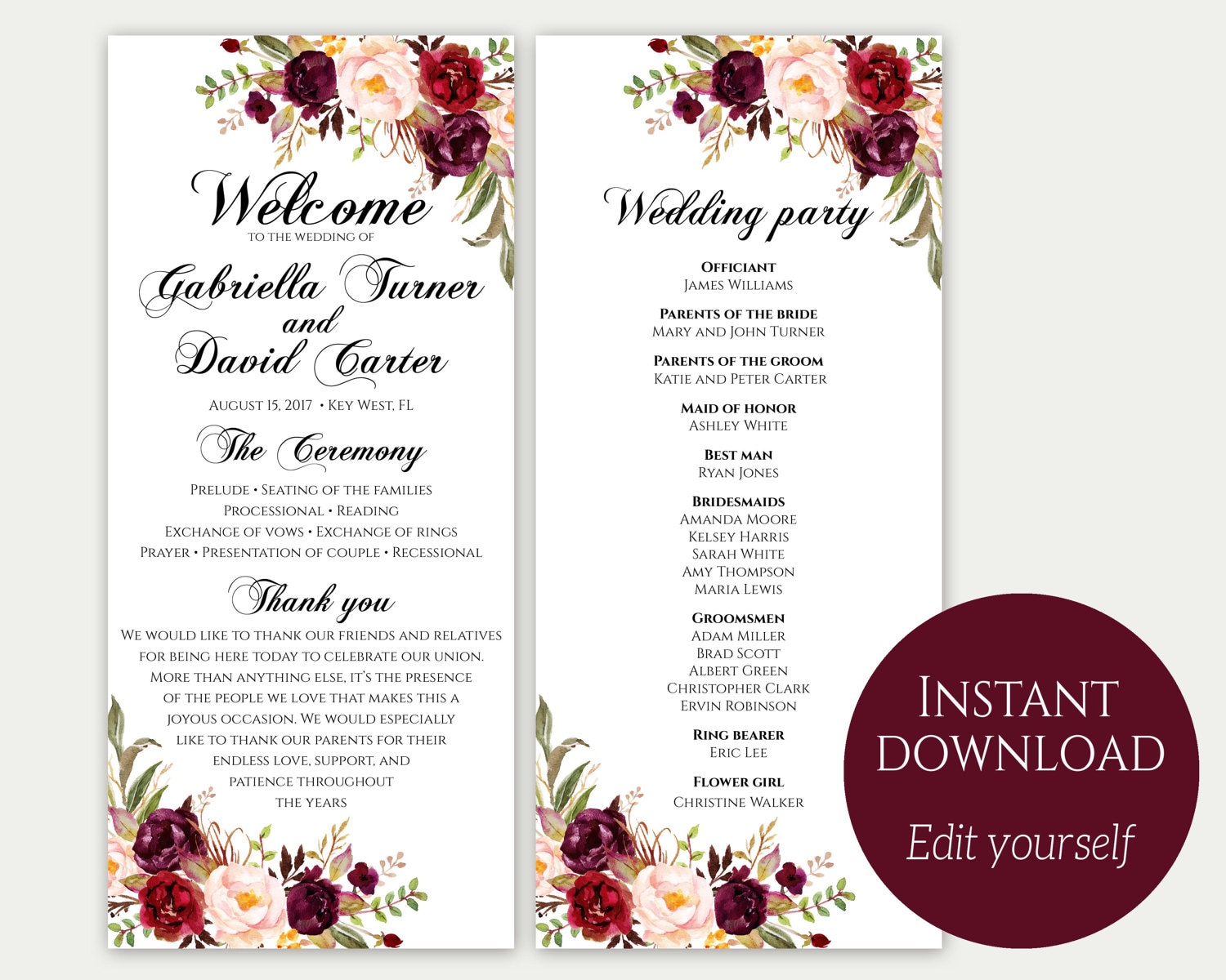 Downloadable Free Wedding Program Templates