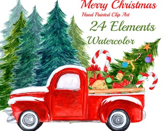Watercolor Christmas Clipart: "CHRISTMAS TRUCK" Christmas Tree Kids Clipart Christmas Car Vintage Christmas Christmas Card Christmas gifts