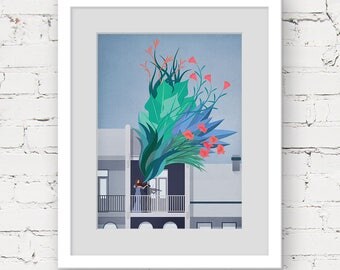 violin art print, modern botanical print, music art, music illustration print, music lover gift, green blue art, violinist art print, garden