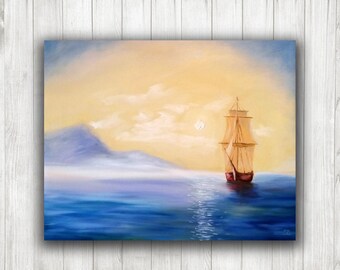 Sunset oil painting on canvas 16x20", 40x50cm framed with free shipping / ready to hang / bright ship ocean sea seascape sunset impasto