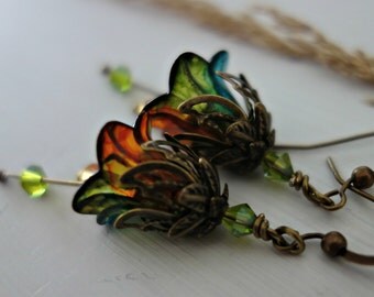 Flower Earrings - Floral Earrings - Dangle Drop Earrings - Bronze Earrings - Peridot Earrings - Topaz Earrings - Green and Orange Earrings