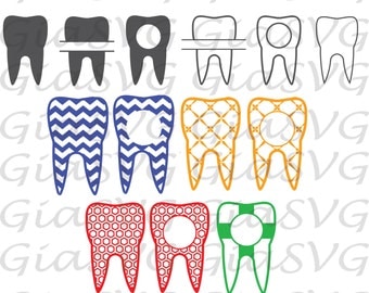 Patterned Tooth SVG, dentist svg, tooth monogram, split tooth svg, ready to cut files for Criut, Silhouette etc, also in png, eps & DXF