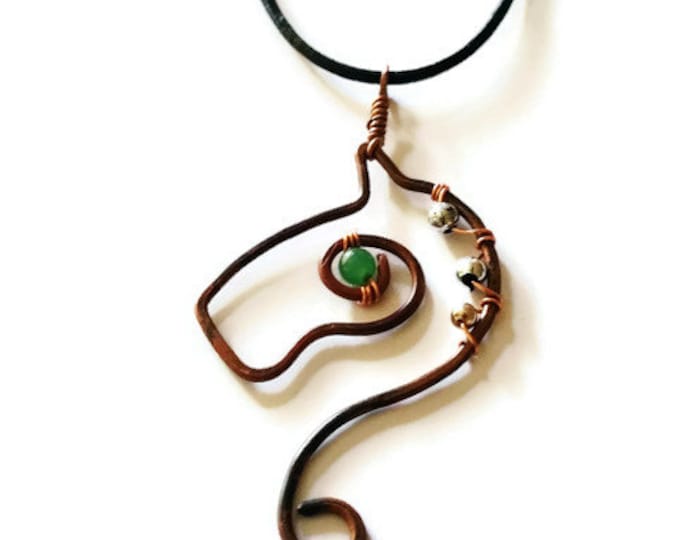Copper Horse Pendant, Leather and Copper Necklace, Green Aventurine & Copper Jewelry, Gemstone Copper Horse Necklace
