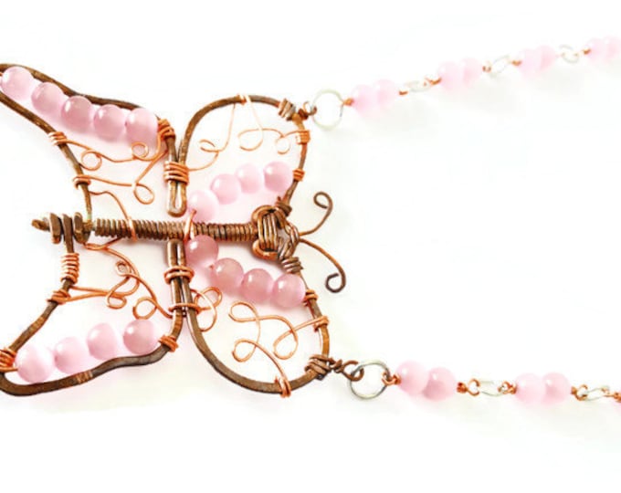 Copper and Pink Cats Eye Beaded Butterfly Pendant, Butterfly Necklace, Valentine's Day Gift