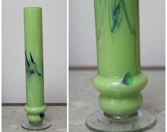 Beautiful Vintage 60s 70s Tall Bud Flower Vase Green Blue Hand Blown Swirls (not a bong)