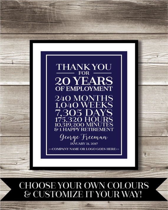 20 Year Work Anniversary/Retirement Print gift digital