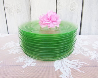 Green Depression Glass Plates, Green Block Optic Plates, Green Glass Dessert Plates, Anchor Hocking 8 1/4" Salad Plates, set of 8 or 6