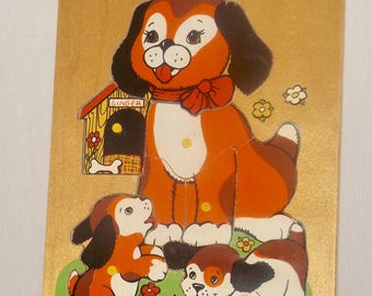 Fisher Price Dog and Puppies wood puzzle,1970s,childrens puzzle,vintage wood puzzle,kids room decor,puppie puzzle,