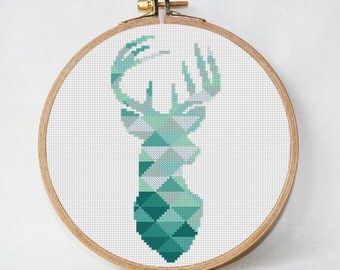 Geometric Wild Deer Cross Stitch pattern, Deer Pattern, Mountain Forest Woodland Animals, Modern Cross Stitch, Animal Cross Stitch sea green