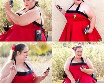 Pinup Girl Star Trek inspired Rockabilly Dress Includes pettiskirt. Choose Red, Blue or Yellow and choose your insignia