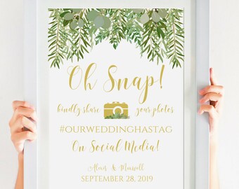 Oh Snap! Greenery Wedding Hashtag Sign, Wedding Reception Decor, Instagram Wedding Sign, Garden Wedding, Wedding Decorations, IDWS604_