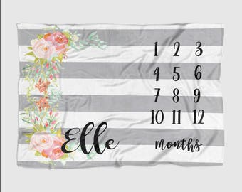 Baby Month Milestone Blanket- Striped Grey Floral -30 X 40 Personalized Baby Blanket Track Growth and Age oddler New Mom Baby Shower Gifts