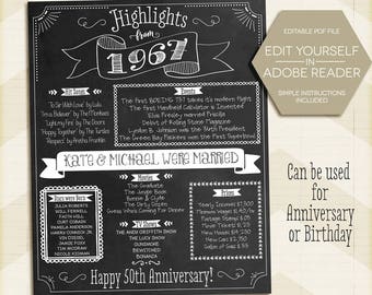 Custom 50th Anniversary Sign, 50th Birthday Poster, 1967, Instant Download, 50th gift, 8x10, 11x14, 16x20 edit yourself, Digital Printable