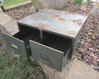 small 2 drawer metal file cabinet, vintage office file box, vintage industrial storage box, rustic metal storage box