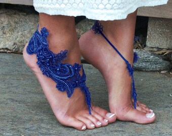 Blue Wedding Bare Foot Sandals SAPPHIRE LISA Topaz Cobalt Royal Party Beach Bride Dark Resort Wear Something Blue Cruise Comfortable Shoe