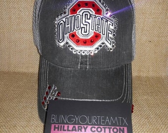 Ohio State Patch with Swarovski Rhinestone Bling Distressed Trucker Hat