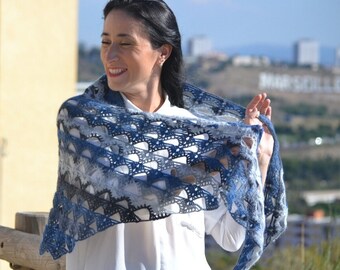 Blue hand knit shawl Elegant Women lace knit scarf ROMANTIC Gift for her for mom for sister for wife Women gift France gypsy shawl OOAK