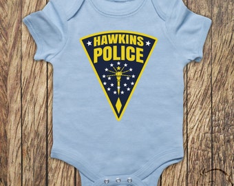 Hawkins Police Sheriff Badge Stranger Things Inspired TV Show Eleven Baby Clothing Babies Baby Grow Bodysuit Onesie T-shirt All Sizes Cols