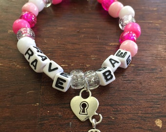Rave Bae // Festival Rave Kandi Charm Bracelet // with heart lock and key charm