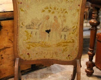 French Gobelin tapestry fireplace screen, Embroidered fire screen guard, Antique french fire screen tapestry, French vintage fire screen