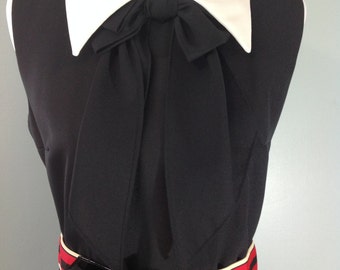 Vintage 1960's Mod Schoolgirl Sailor Dress with White Collar, Pleated Skirt, White Hem and Bow at Neck. Vintage Size 16-Modern Medium-Large.