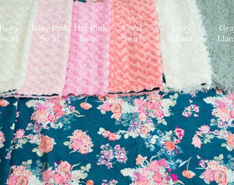 Minky soft blanket for baby, navy, coral, floral, rustic nursery decor, pink flowers, gift for baby, baby shower gift, swaddle baby