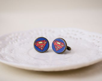 Superman cufflinks//Handmade Wood cabochon//Vintage Jewelry//Great gift for Men//Groomsmen gift