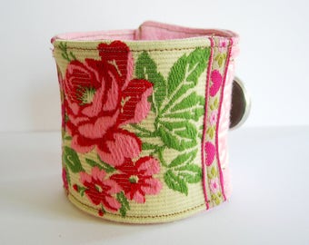 Fabric bracelet with embroidered rose. Cuff bracelet.
