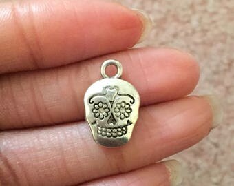 5 Mexican Sugar Skull Charms Antique Silver Tone