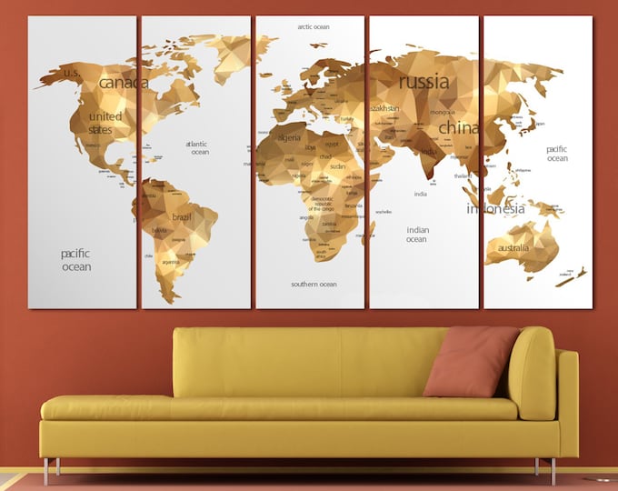 Large gold world map canvas print set, Geometric gold map of the world, large world map poster gold, golden world map Wall Art Home Decor
