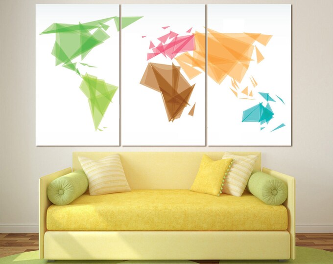 Large Geometric colorful world map Poster art Canvas Set 3 or 5 Panels Abstract world map Canvas Wall Art for Home & Office Decoration
