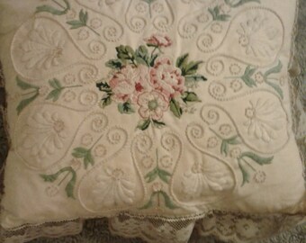 Handmade vintage embroidered pillow. Vintage hand emroidery. Embroidered pillow.