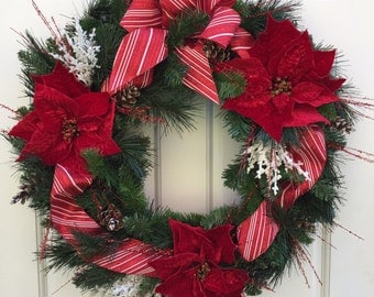 Christmas Wreath, Red Wreath, Poinsettia Wreath, Door Wreath, Wreath Street Floral, Evergreen Wreath