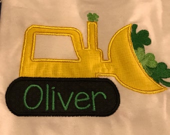 Personalized truck shramrock shirt, boys St Patrick's Day shirt, bulldozer clovers, 4 leaf clocer lucky shirt
