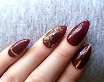 10/20 press on nails burgundy almond shape gold accents foil nails from usa