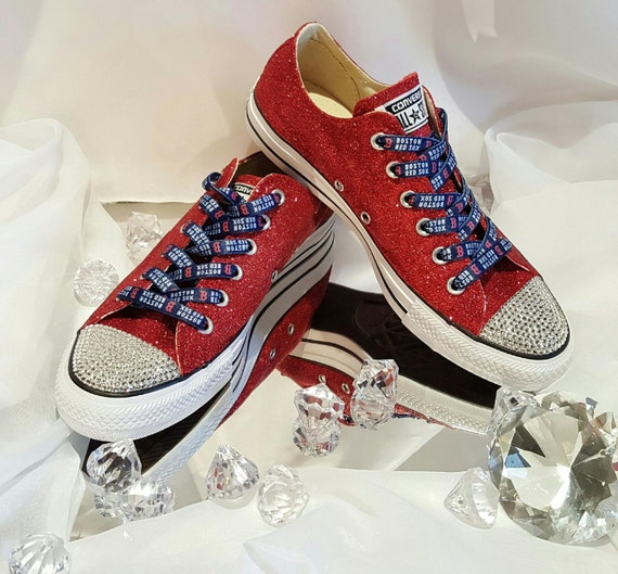 Custom Womens Converse Boston Red Sox Rhinestone Red Glitter