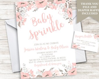 Baby Sprinkle Invitation Girl Invite Shower Watercolor Floral Pink Gray Grey 5x7 Digital 5x7