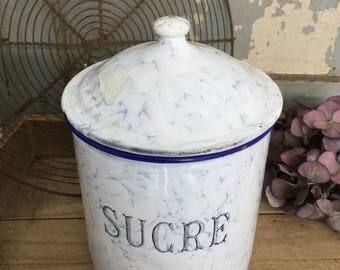 Antique storage jar "Sucre", 19 cm, enamel, shabby