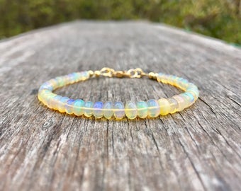 Dainty Ethiopian Welo Fire Opal on Gold Wire And Clasp Bracelet Handmade Grade AAA Ethiopian Welo Fire Opal Smooth Rondelle Bracelet