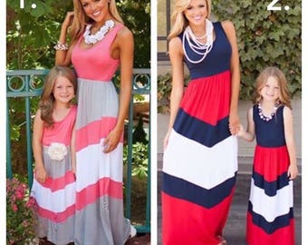 Summer, 4th of July, Mother daughter matching dress, Mommy & Me Dress Green Chevron, pink gray, red, white, blue Maxi Dress Monogram