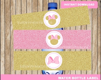 Pink and Gold Minnie Mouse water bottle labels; printable Minnie Pink and Gold water, Minnie Mouse water bottle instant download