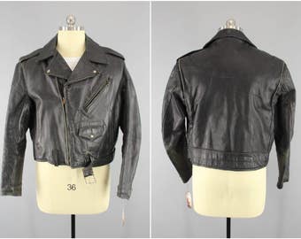 Original 1950s Vintage Horsehide Motorcycle Jacket / 50s Black Leather Moto Biker Jacket / Rockabilly Menswear / Wild Bunch / Steer Hide
