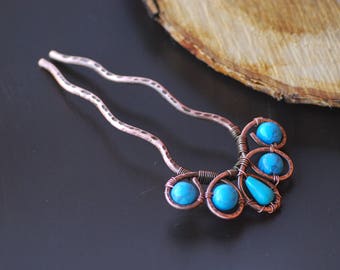 Copper hair fork Hammered Copper Hair Sticks Copper pin Hair stick Rustic Copper Spiral Hair Pins Boho Bun Holders accessories Women gift
