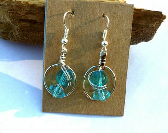 Blue Wire Wrapped Hoop Earrings
