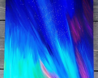 Original Abstract Contemporary Acrylic Colorful 18" x 18" Painting of Starry Aurora Lit Sky