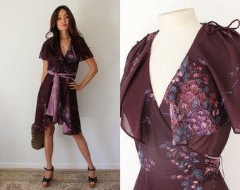 Vintage 1970s Floral Print Plum Ruffle Wrap Dress