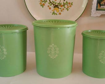 Vintage Bright Green Tupperware Canister 3pc. Set. Tight fitting lids. Mid Century Kitchen Containers. Servalier. Made in the USA.