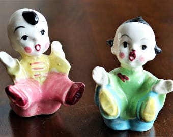 Asian Children Salt and Pepper Shakers, Chinese Children, Vintage Salt and Pepper, Queue Braid, Queue Hairstyle